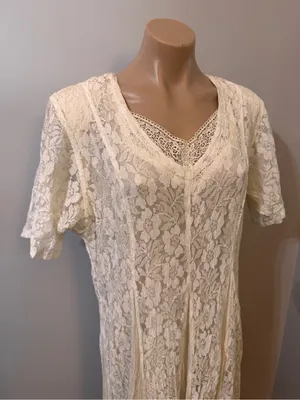 Starina Cream Lace Overlay Dress Large Floral Pleated Bridal Vintage Bohemian thumbnail 2