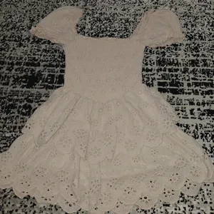 Bershka Size S Cream Tiered Ruffle Dress Eyelet Smocked Puff Sleeve thumbnail 4
