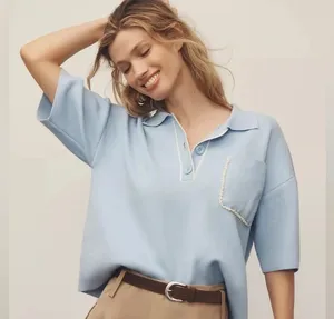 Maeve Anthropologie The Elliot Light Blue Pearl Embellished Knit Polo Top Sz SM thumbnail 1