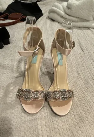 Blue by Betsey Johnson Gina Champagne Satin Rhinestone Ankle Strap Heels thumbnail 1