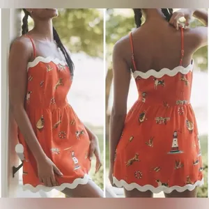Anthropologie Celandine Linen-Blend Scalloped Mini Dress XXS Red Nautical - NWT thumbnail 2