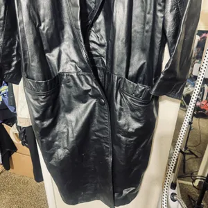 Vtg 90s Global Identity leather Coat womens L black Long 90s Trench Matrix Y2K thumbnail 3