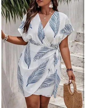 NEW Tropical Print V Neck Wrap Tie Side Short Sleeve Mini Dress 2X thumbnail 3