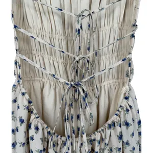 MABLE Analise Floral Smocked Open Back Lace Up‎ Maxi Dress Cream Blue Size Small thumbnail 11