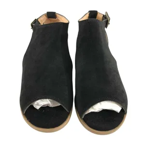 Womens Low Wedge Heel Shoes Faux Suede Peep Toe Buckle Black Size 36 US 5 thumbnail 2