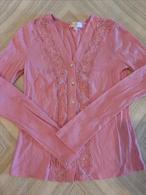 LoveShackFancy Natine Cardigan Pink Size Small Lace Trim Button Front thumbnail 1