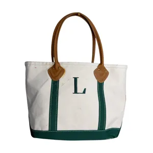 L.L. Bean Vintage 1980s Boat and Tote Canvas Cream Green Leather Handles – READ thumbnail 1
