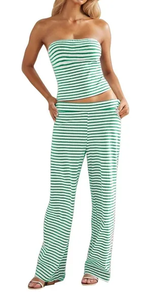 Women's Sz Medium Pull On Lounge Pants White Green Stripes Pockets Elastic Waist thumbnail 1