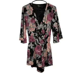 Lulus What’s Bloomin Bell Sleeve Black, Pink & Gray Floral‎ Romper Size S thumbnail 3