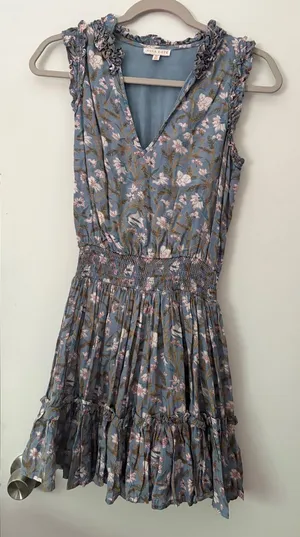 Anna Cate Dusty Blue Floral V-Neck Smocked Waist Sleeveless Dress thumbnail 1