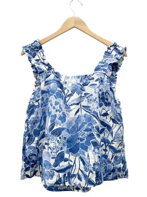 GAP 2 Pc Pajama Set Sz Medium Blue Floral 100% Cotton Ruffle Sleep Shorts Lounge thumbnail 3