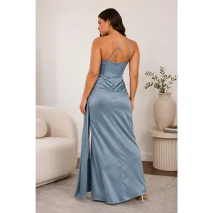 NEW Lulus Signature Elegance Slate Blue Satin One-Shoulder Pleated Maxi Dress 1X thumbnail 3