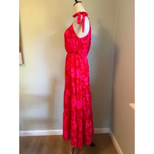 PrettyGarden One Shoulder Floral Maxi Dress Red Pink Tiered Boho Summer M resort thumbnail 4