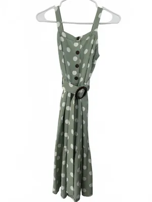 Monteau Linen Blend Polka Dot Midi Dress with Belt Green Size Small thumbnail 2
