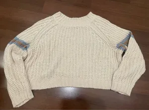 American Eagle Cozy Soft Wool Cropped Cream Sweater with Blue Accents thumbnail 1