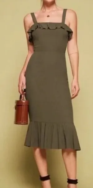 Reformation Women’s Frida Ruffle Hem Column Cocktail Midi Dress Army Green Sz 6 thumbnail 1