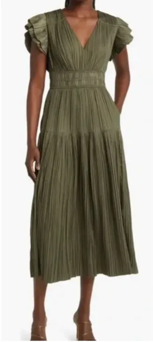 Moon River Olive Green Pleated Flutter Sleeve Tiered Midi Dress‎ NWT Size Large thumbnail 1