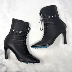 OFF-WHITE Leather Lace Up Card Holder Logo Heeled Ankle Boot Black Streetwear 36 thumbnail 4