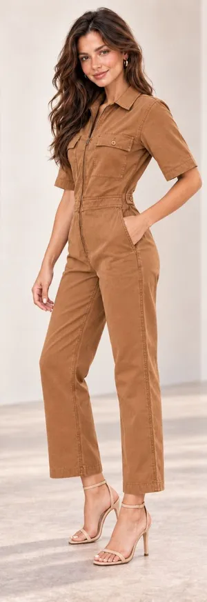Nordstrom Camel Brown Stretch Denim Utility Jumpsuit Short Sleeve Zip Front S NEW thumbnail 1