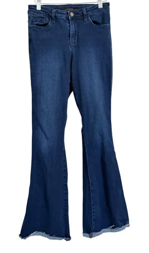 Flying Monkey High Rise Flare Jeans Women’s Size 25 Dark Wash Raw Hem Stretch thumbnail 1