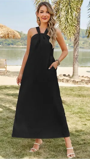 Kikibell Black Halter Maxi Dress Plisse Crinkle Flowy Summer Vacation Medium thumbnail 1