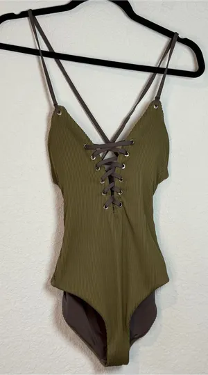 Dolce Vita Olive Green Ribbed Lace-Up One-Piece Swimsuit thumbnail 1