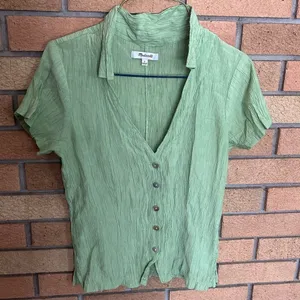 Madewell Crinkled Crepe Notched V-Neck Top Small Short Sleeve Green Button Up thumbnail 2