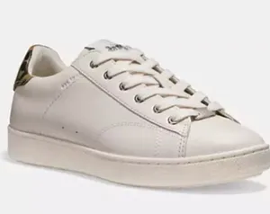 Coach Low Top Leather Sneakers 9B Leopard Print Heel Off-White Luxury C126 thumbnail 1