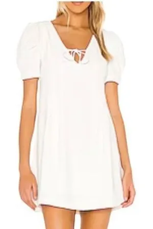 Line & Dot Mini Dress Womens Small White‎ Puff Sleeve Babydoll Tie Front Revolve thumbnail 1