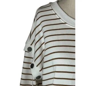 Evereve Striped Sweatshirt Women Medium Ivory Tan‎ Snap Detail Preppy Coastal thumbnail 5