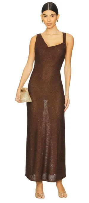 SOVERE Spark Dress in Coffee Medium New Womens Knit Crochet sequin Maxi Gown thumbnail 1