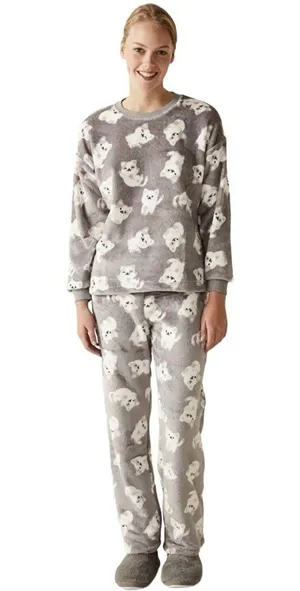 Penti Womens M Puppy Dog Print Gray Pajama Set Soft Cozy Winter thumbnail 1