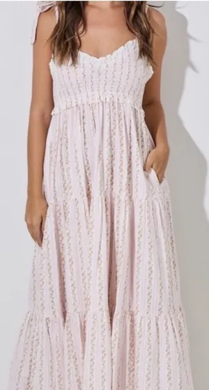 Baevely Tie-Shoulder Light Pink Floral Maxi Dress with Smocked Bodice Sz S NWT thumbnail 1