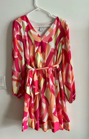 Nicole Miller NY Pleated Mini Dress Size L Multicolor Abstract V-Neck thumbnail 4