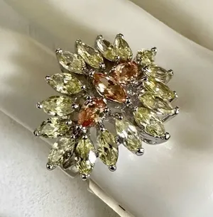 Yellow peach rhinestone silver tone ring NWT thumbnail 1
