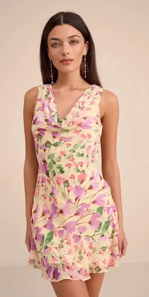 Lulus Odette Yellow Floral Cowl Neck Mini Dress thumbnail 1