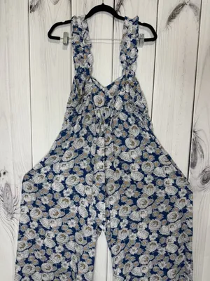 KORI Floral Maxi Jumpsuit Blue White Sleeveless Sz L Ruffle Straps Back Sash Tie thumbnail 6
