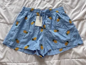NWT Blue Embroidered Pineapple Fruit Linen Blend Shorts Small Quiet Luxury thumbnail 1