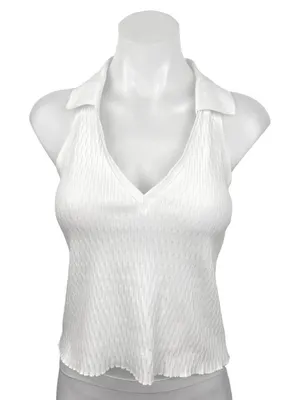 Zara Cream Knit Textured Deep V Neck Collared Pullover Sleeveless Top Size L thumbnail 1