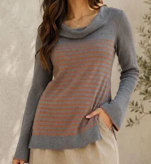 Anthropologie Elise Ribbed Off Shoulder Sweater Gray Orange Striped XL Boho thumbnail 1