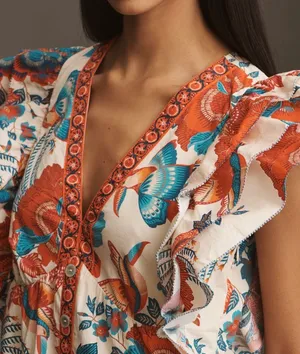 Farm Rio Ruffle-Sleeve Button Front Mini Dress, Size M thumbnail 6