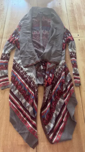 Sisters Southwestern Aztec Print Open Front Waterfall Cardigan Sweater Brown S/M thumbnail 1