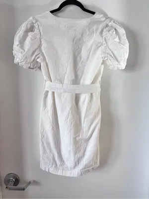 J.O.A. Ivory white cotton V-Neck Puff Sleeve Mini Dress with Buckle Belt thumbnail 3