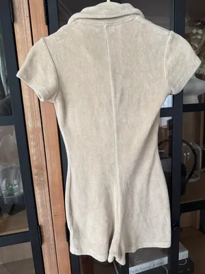Frankie’s Bikinis Rose terry Romper onesie beige sand short sleeve button down thumbnail 5