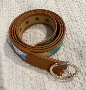 Talbots Women's Brown Leather Trim Madras Plaid Belt Size XL Gold Buckle thumbnail 1