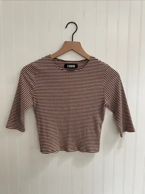 REFORMATION Cameron Crop Top Striped Fitted Elbow Sleeve Baby Tee Brown White XS thumbnail 2