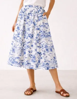 Joie 100% Linen Blue White Tropical Toile Midi Skirt Elastic Waist Size Large thumbnail 1