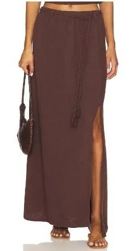 Bobi Women's Size XL Gauze Maxi Skirt Chocolate Brown Umber Braided Waist Cotton thumbnail 1