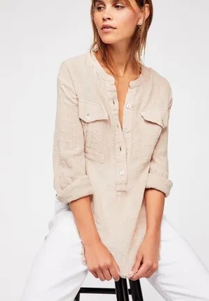 Free People Talk To Me Button Down Raw Hem Top thumbnail 1
