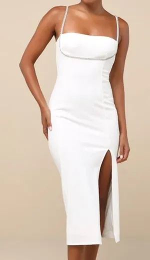 Lulus NWOT Upscale Flirt Ivory Rhinestone Sleeveless Bodycon Midi Dress XS thumbnail 1